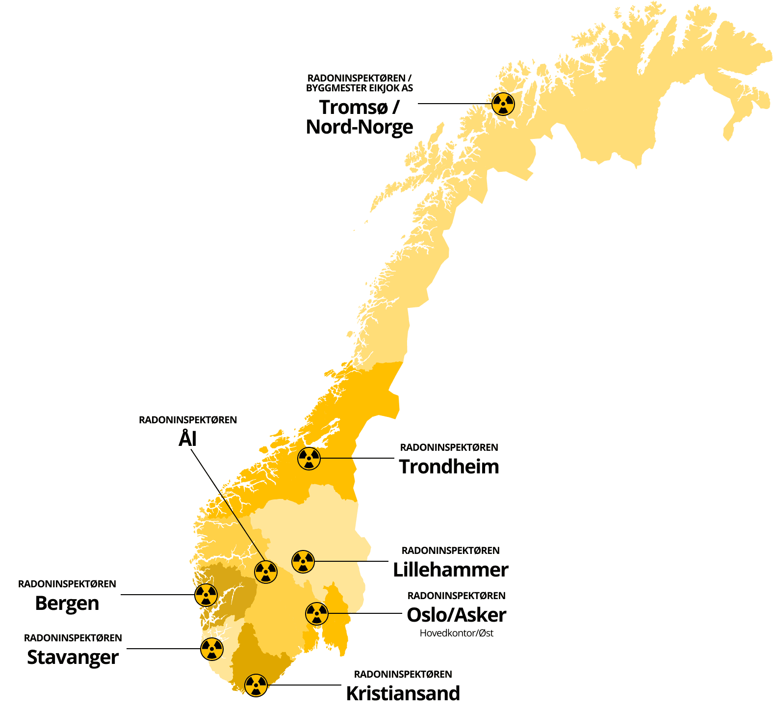 Kartillustrasjon for radon i Norge